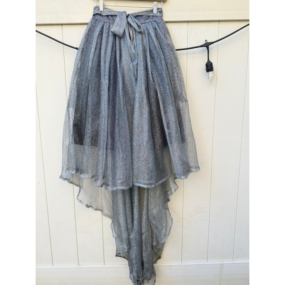 Gracia Silver Metallic Mesh High Low Skirt Women Small Sheer Shimmer Avant Garde